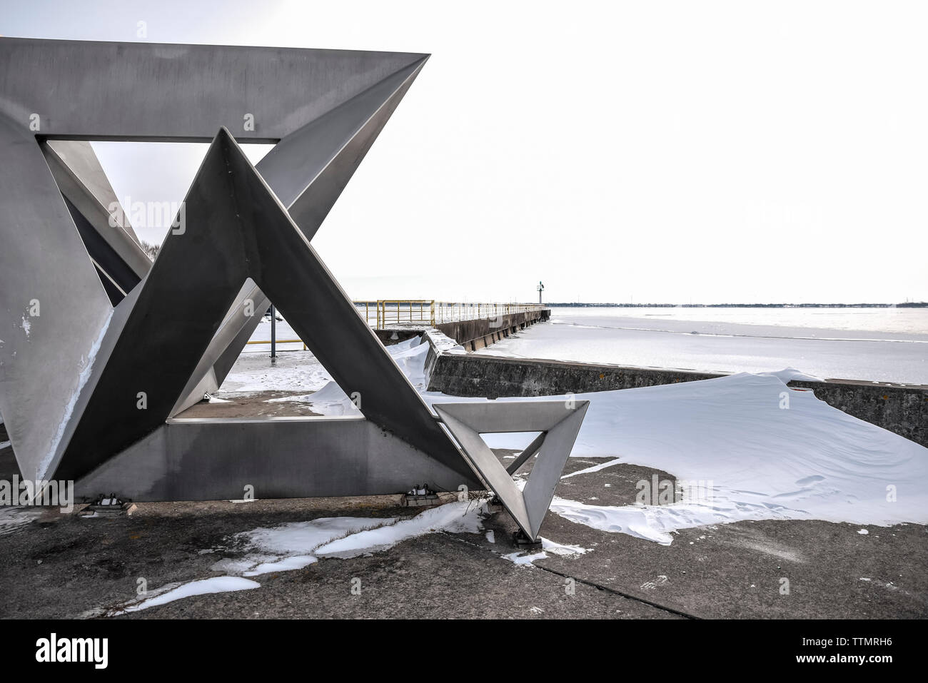 Metal sculpture on pier of Kingston waterfront on a winter day. Stock Photo