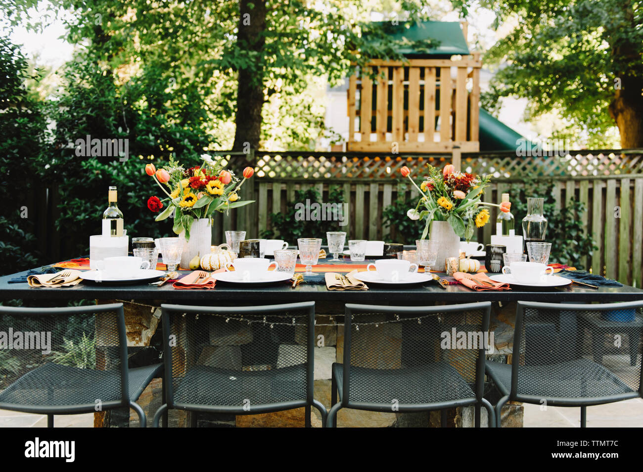 Place setting with empty chairs in backyard Stock Photo