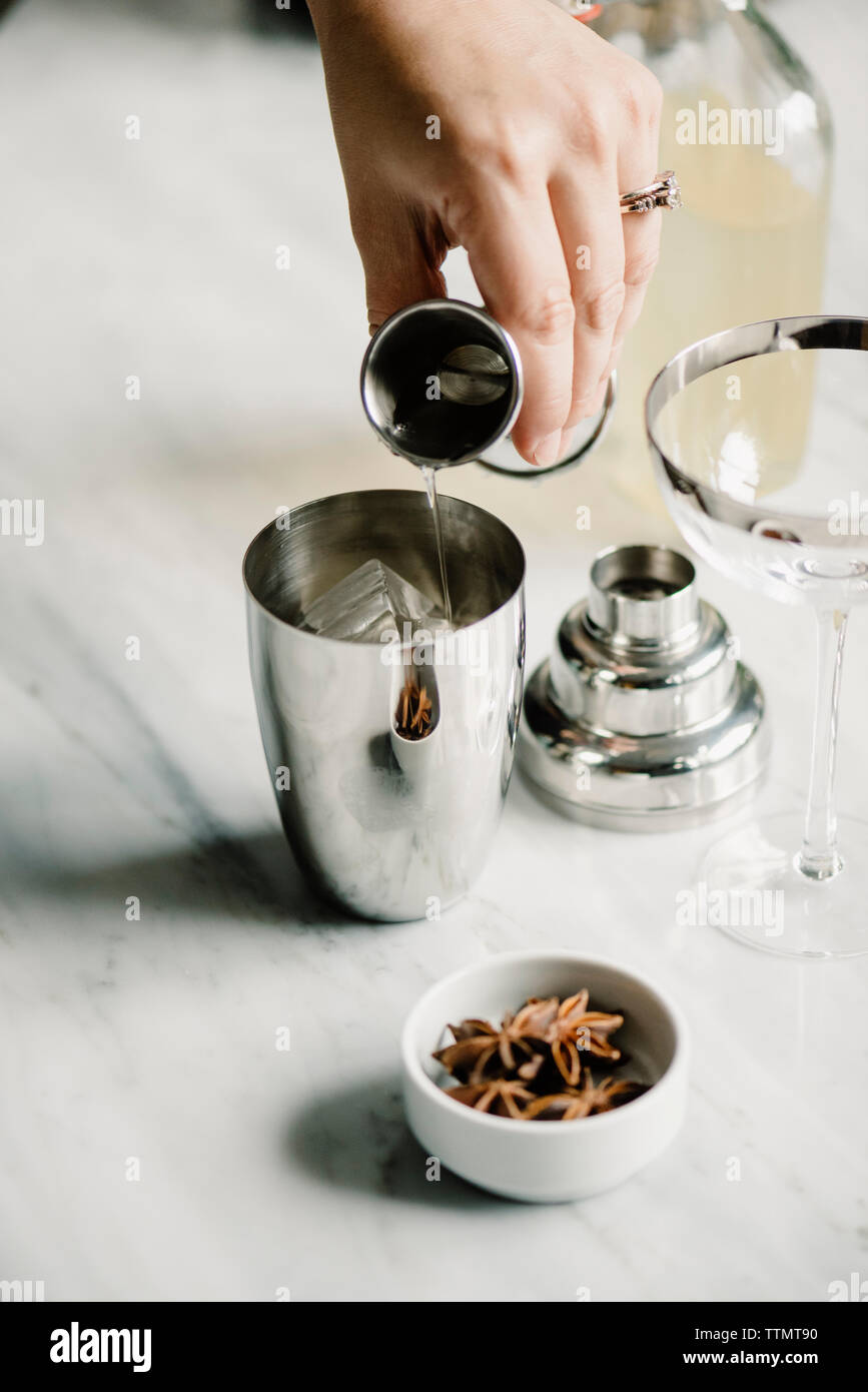 Bartender Adding Red Alcoholic Drink Measuring Cup Steel Cocktail Shaker  Stock Photo by ©Fesenko 199283880