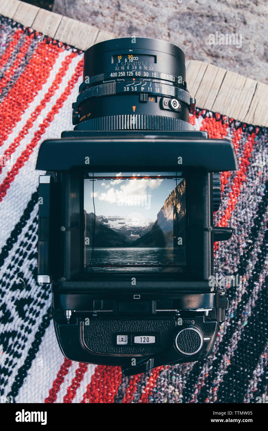 Overhead view of camera on carpet Stock Photo Alamy