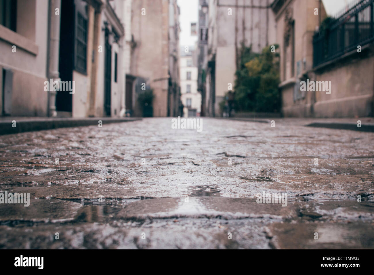 Wet empty alley amidst buildings in city during rainy season Stock Photo