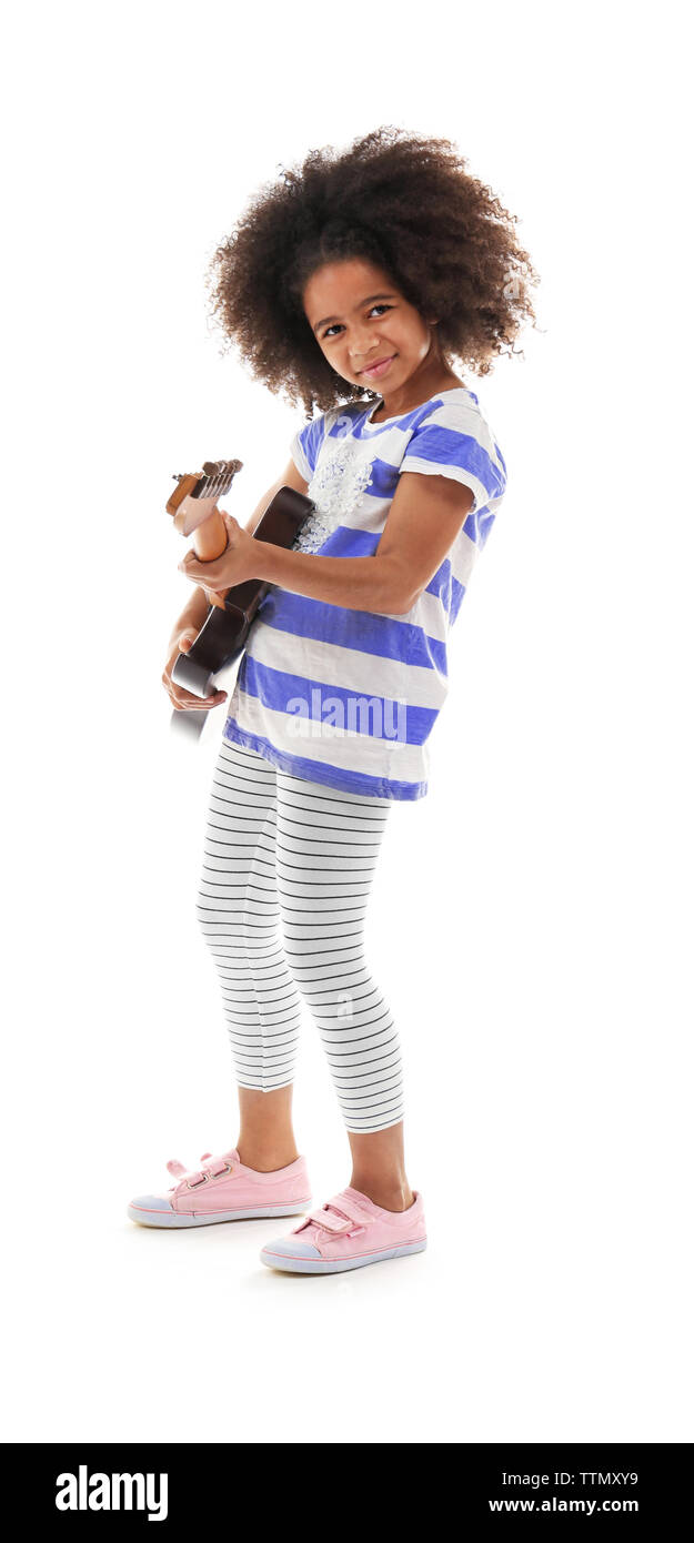 Afro American Little Girl With Curly Hair Playing Guitar Isolated