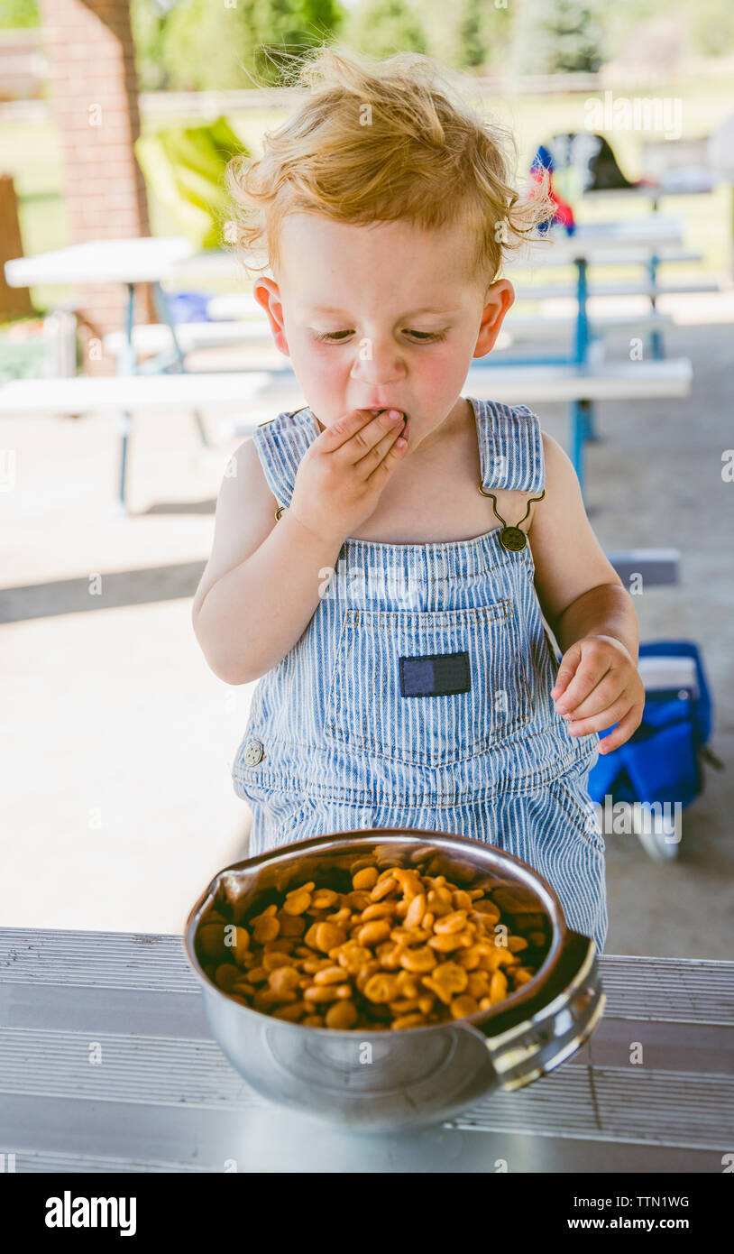 Cute boy wearing bib overalls while eating crackers from bowl Stock Photo