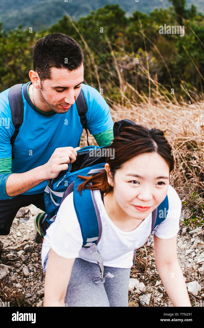 Group smiling friends backpacks hiking hi-res stock photography and ...