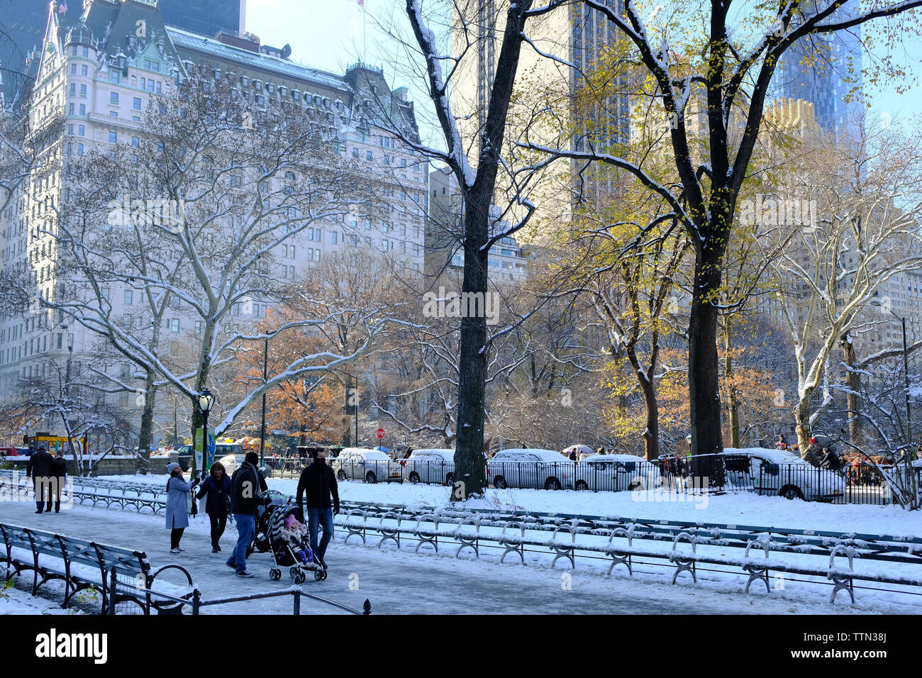 December 2017 - A family goes for a walk in Central Park during winter in New york, USA Stock Photo