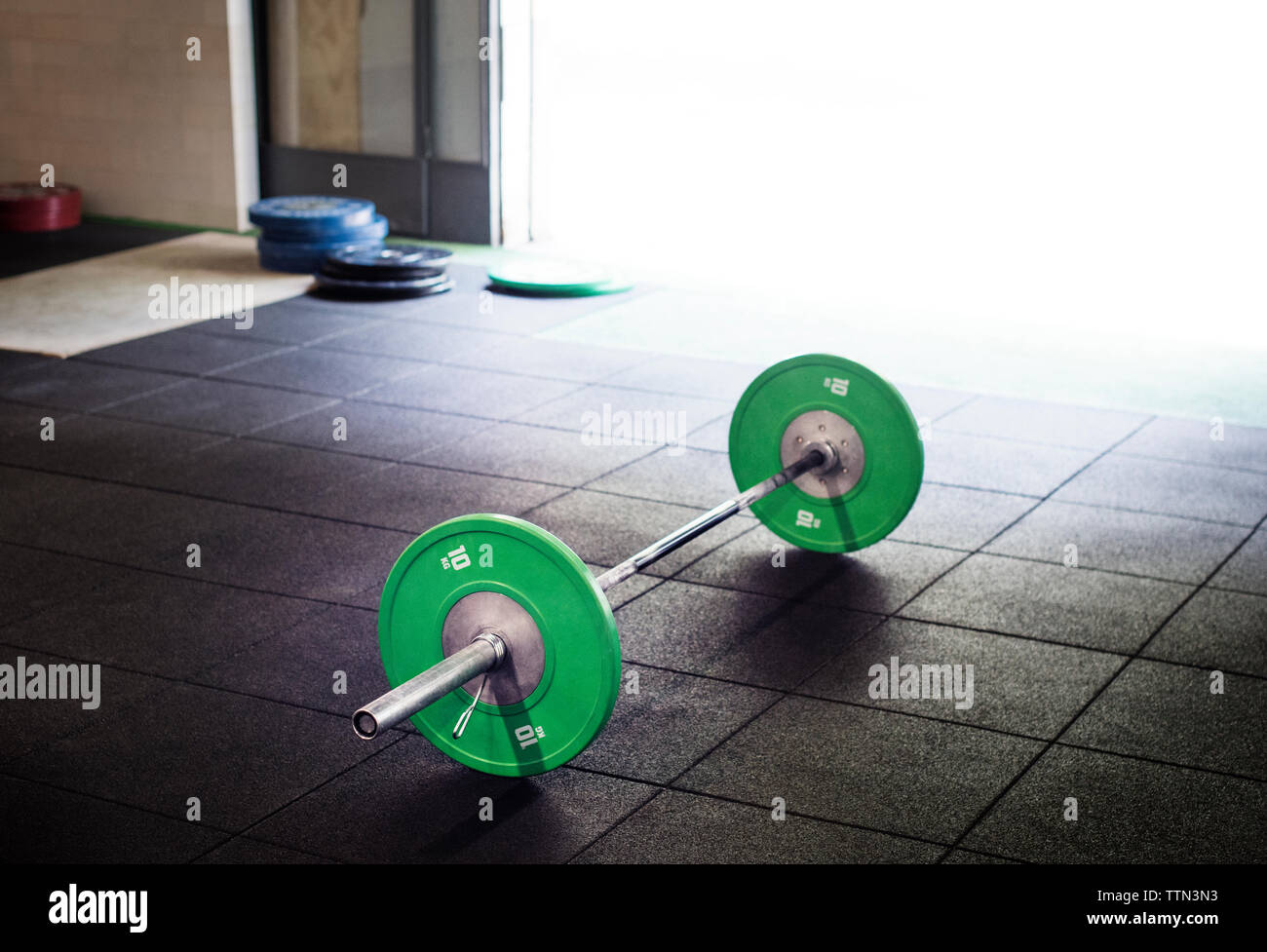 High angle view of barbell in gym Stock Photo
