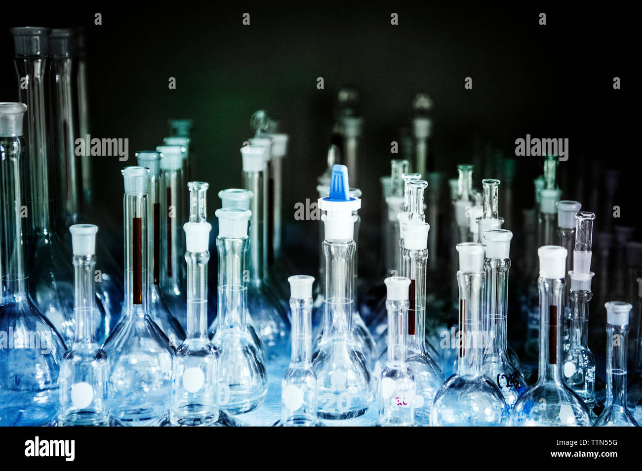 Chemical flasks at laboratory Stock Photo Alamy