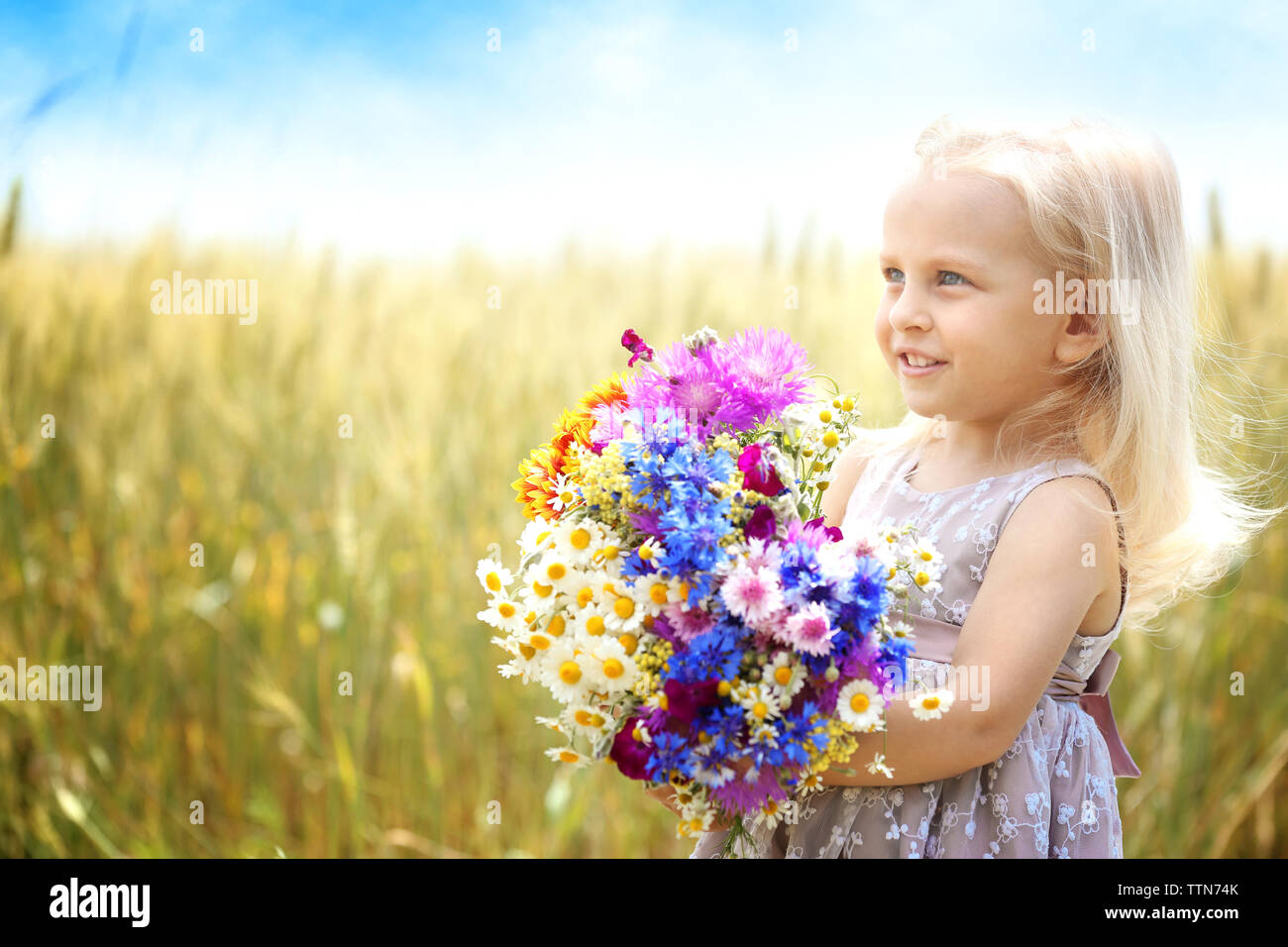 Little girl with bouquet of flowers in the field Stock Photo - Alamy