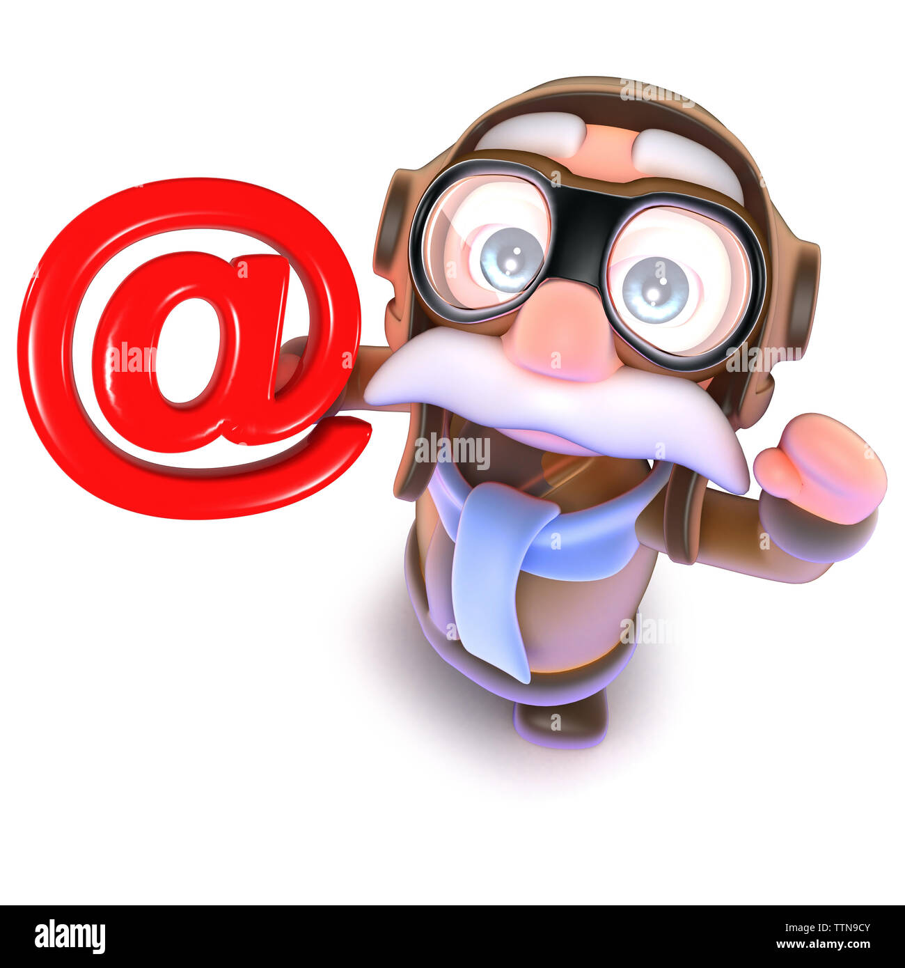 3d render of a funny cartoon pilot airman character holding an email address symbol Stock Photo