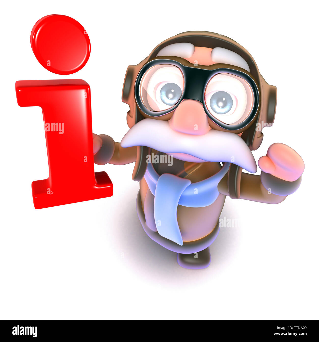 3d render of a funny cartoon pilot airman character holding an information symbol Stock Photo