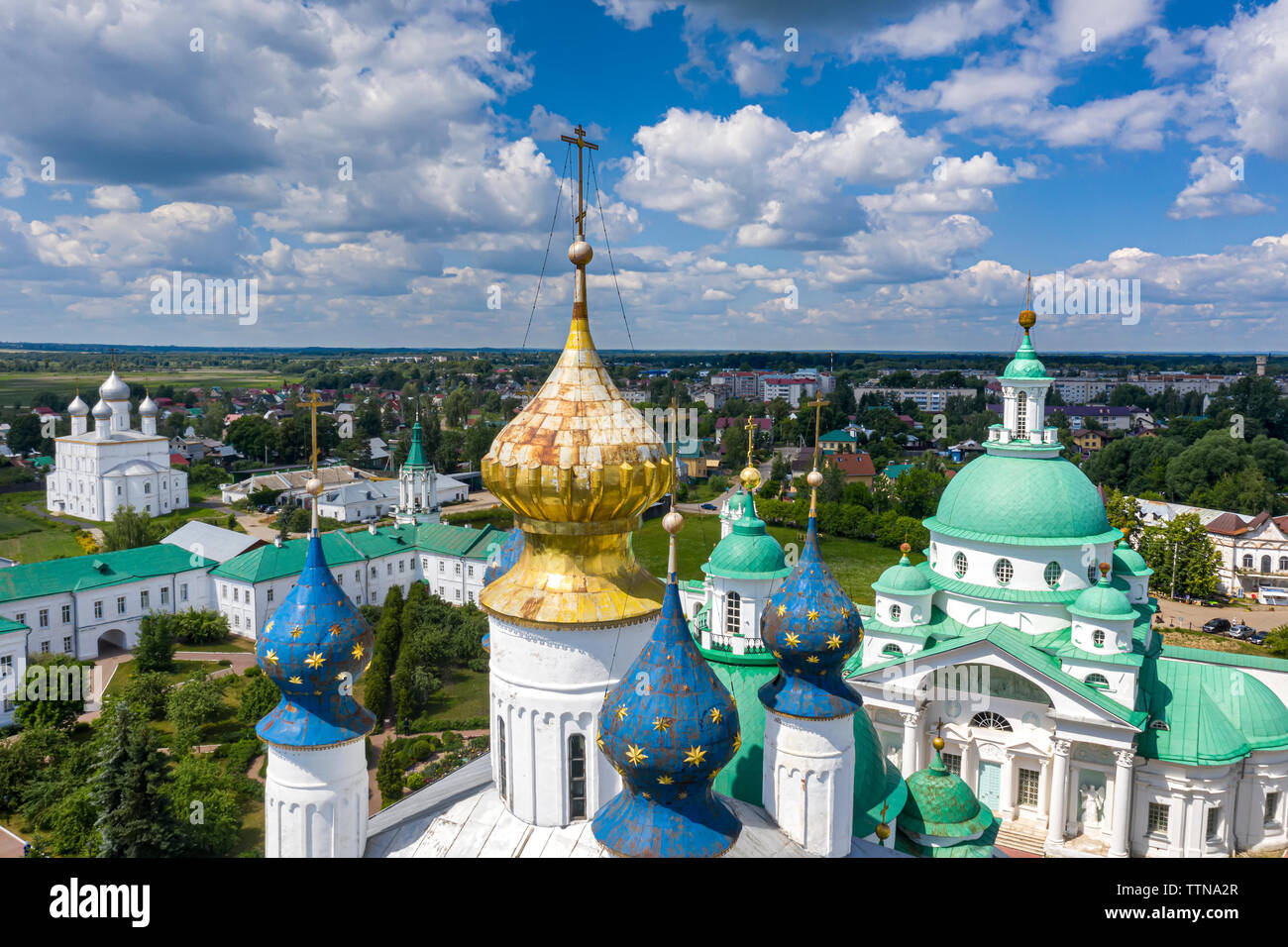 Aerial view of the Spaso-Yakovlevsky Dimitriev monastery from the lake Nero in Rostov The Great town, Russia Stock Photo