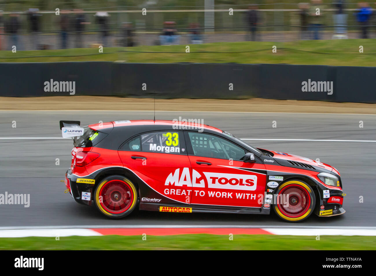 Mercedes A-Class on track, British Touring Car Championship (BTCC), Brands Hatch, first race weekend of the season, April 2019 Stock Photo