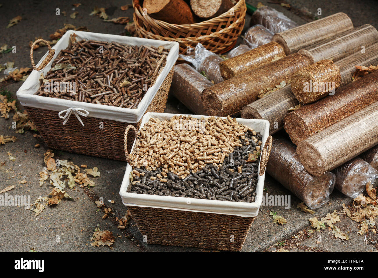 Wicker baskets with different kinds of pelleted compound feed on