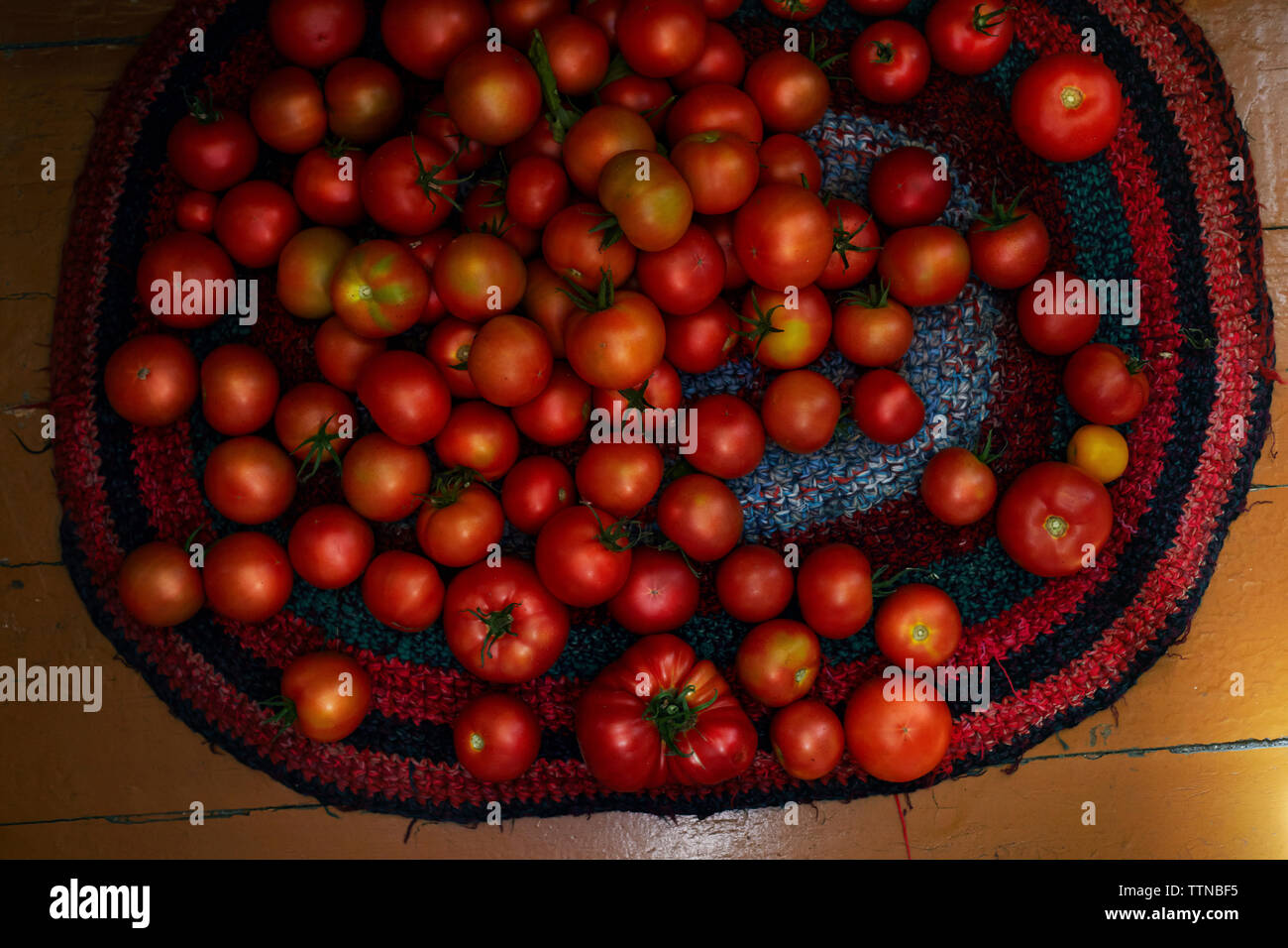 High angle view of tomatoes on place mat Stock Photo