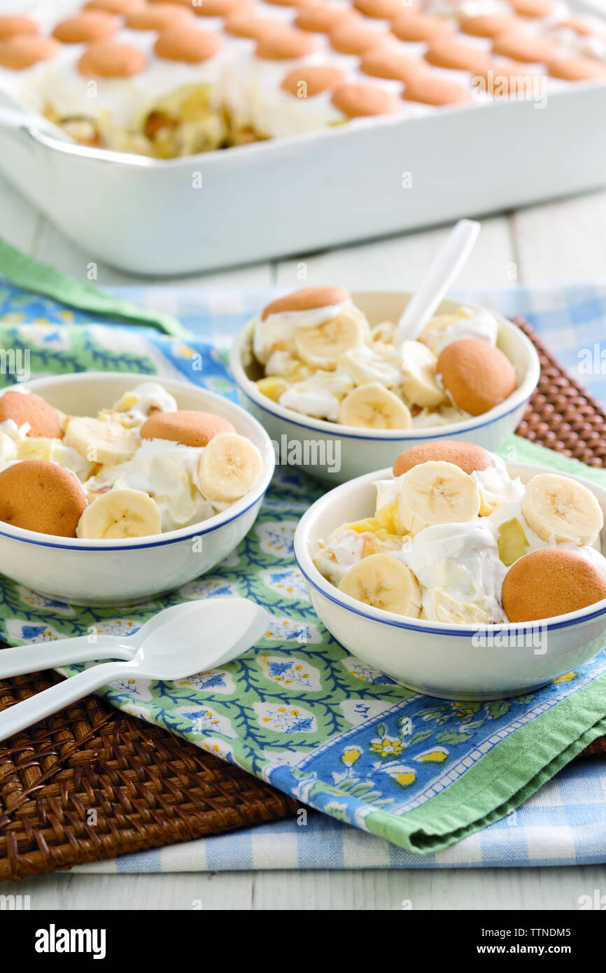 High angle view of banana pudding in bowls on table at home Stock Photo
