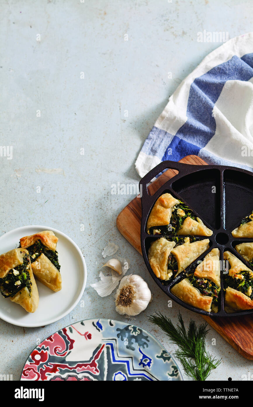 High angle view of savory pie served on table Stock Photo