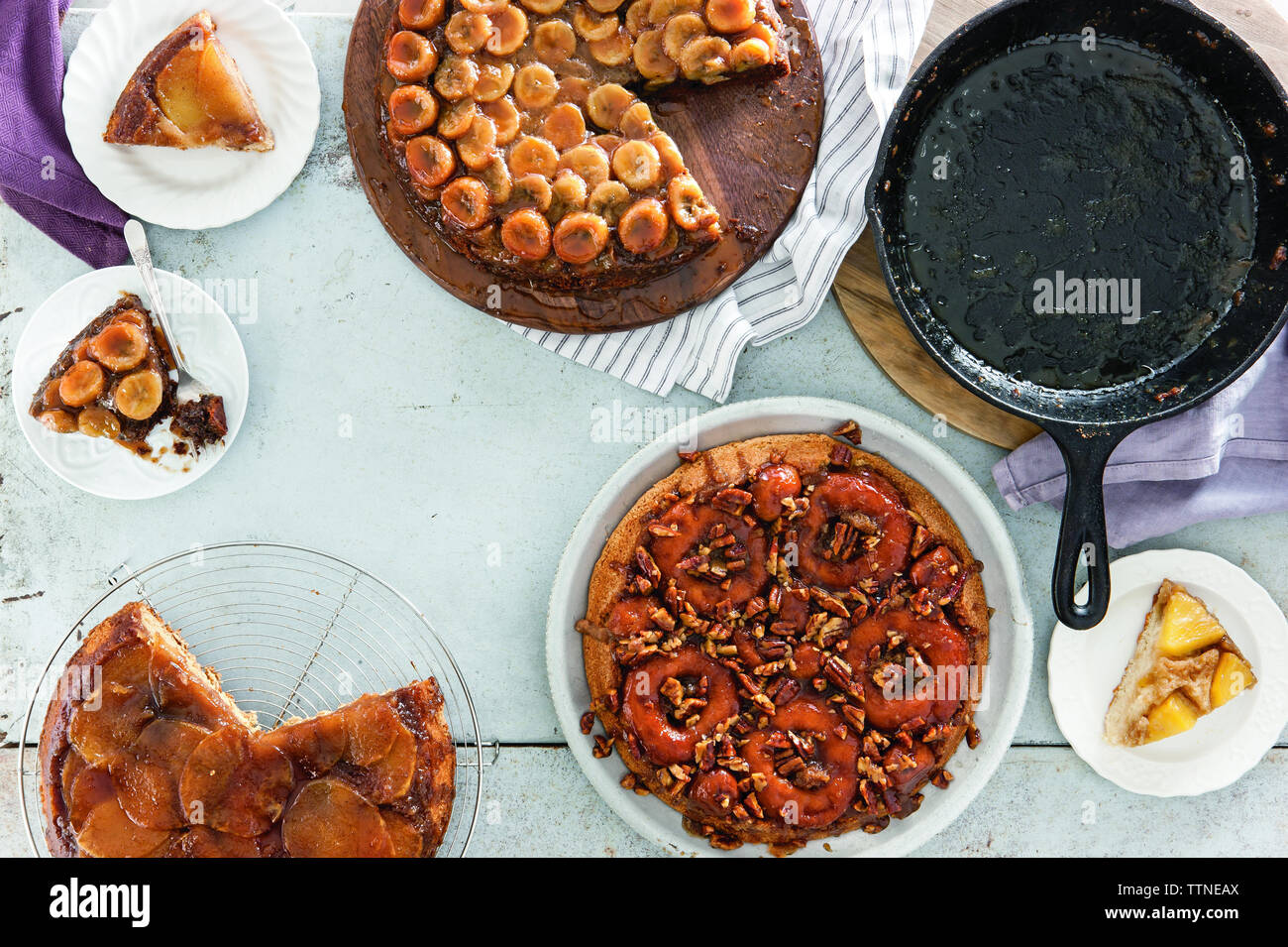 Overhead view of homemade desserts on table Stock Photo