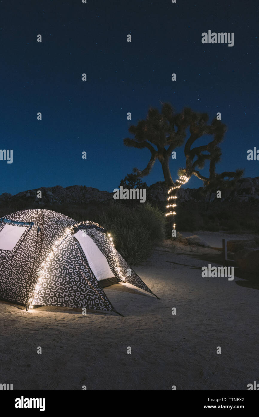 Illuminated tent on desert against sky at Joshua Tree National Park during night Stock Photo