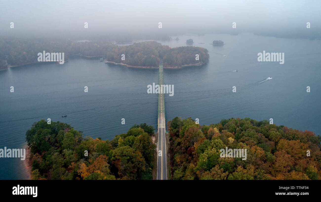 Aerial view of Browns Bridge over Lake Sidney Lanier during foggy weather Stock Photo