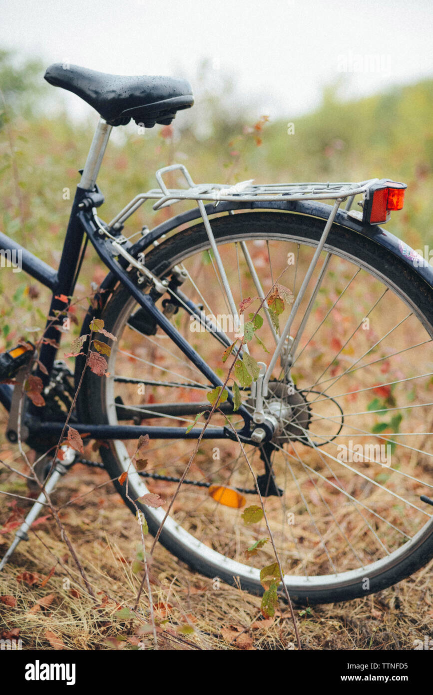 Close-up of bicycle parked on field Stock Photo