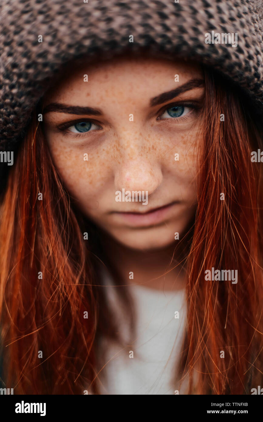 Close-up portrait of teenage girl wearing knit hat Stock Photo - Alamy