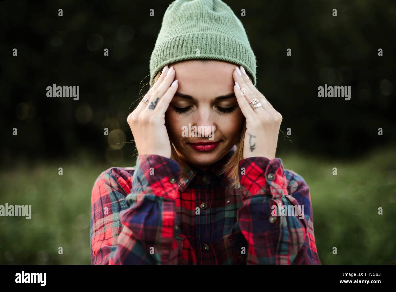 Woman head hands headache hi-res stock photography and images - Alamy