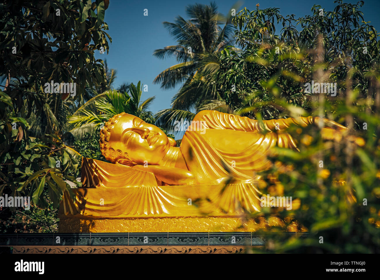 Golden reclining Buddha statue surrounded by trees Stock Photo Alamy