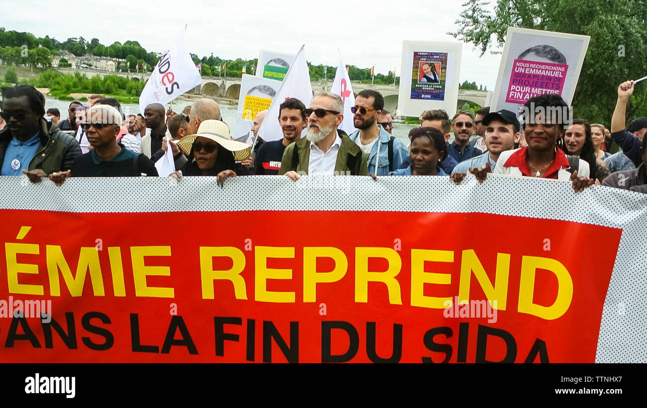 Tours, FRANCE, Crowd People, Front, AIDES NGO, Group AIDS HIV Activists ...