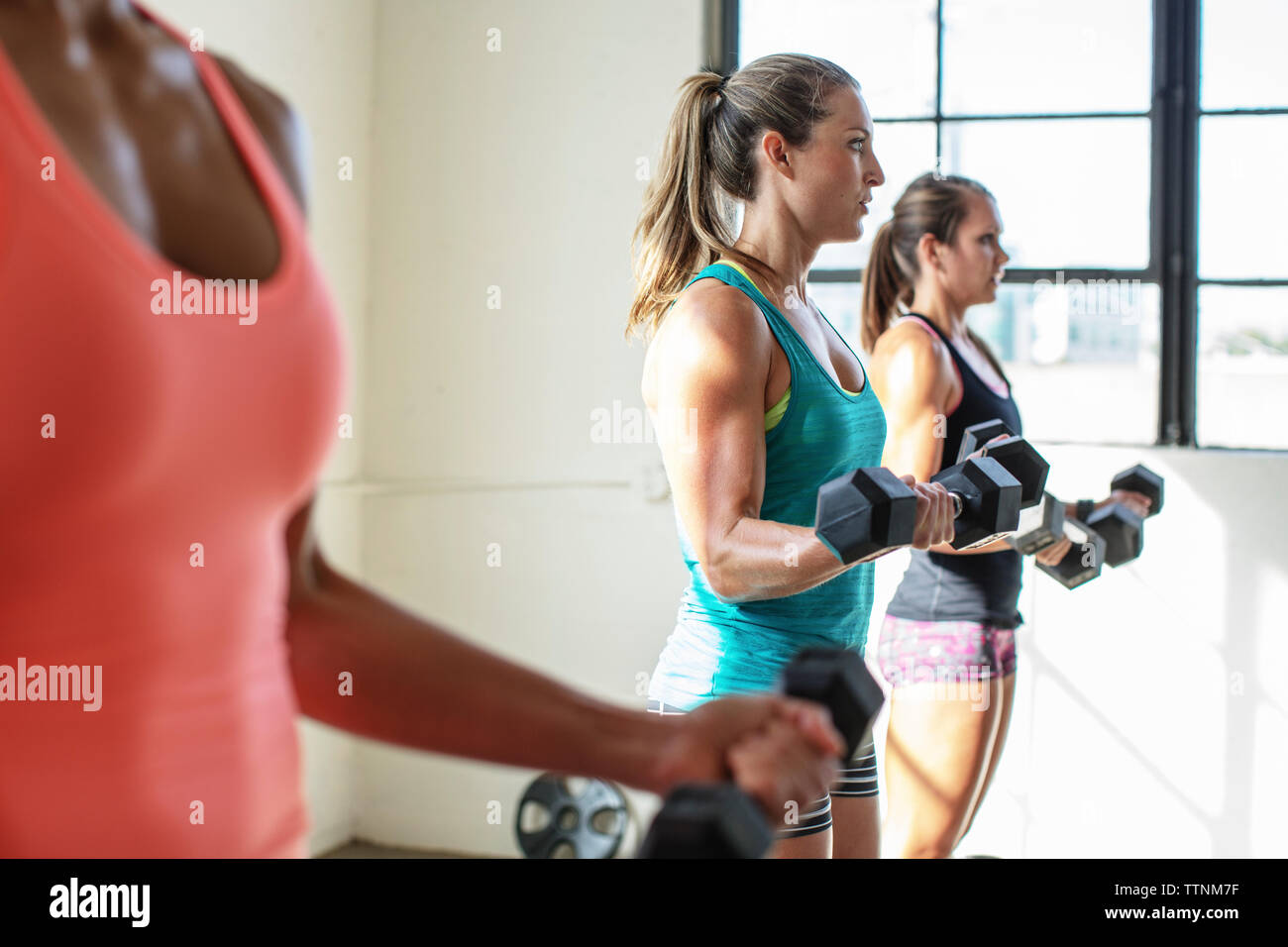 Female athletes lifting dumbbells in gym Stock Photo