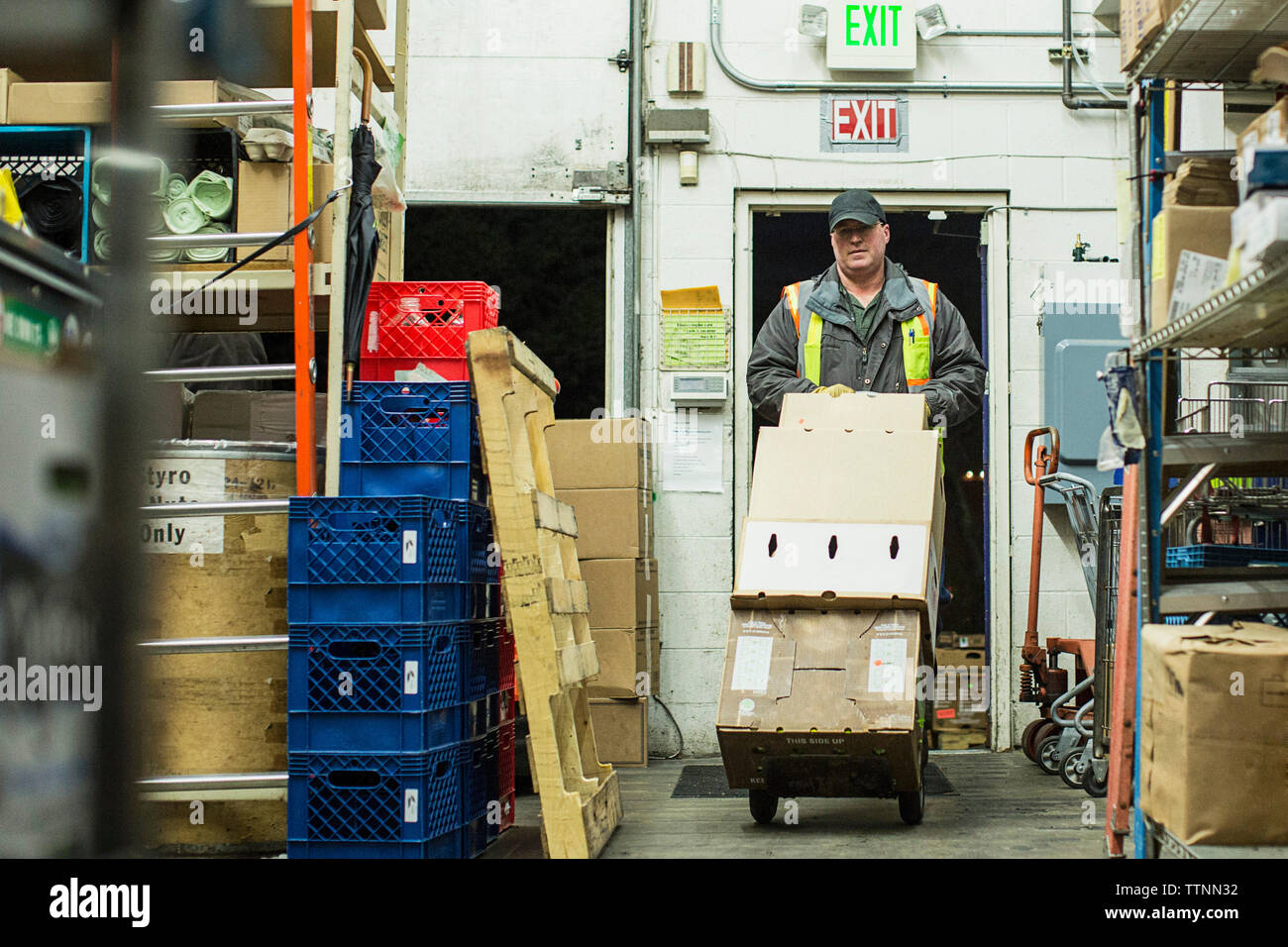 Man carrying box in luggage cart while working at warehouse Stock Photo