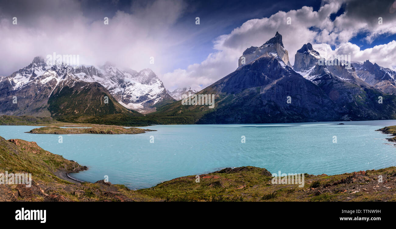Panoramic Cuernos del Paine. Lake Nordemskjod. Torres del Paine National Park. Puerto Natales. Chile Stock Photo