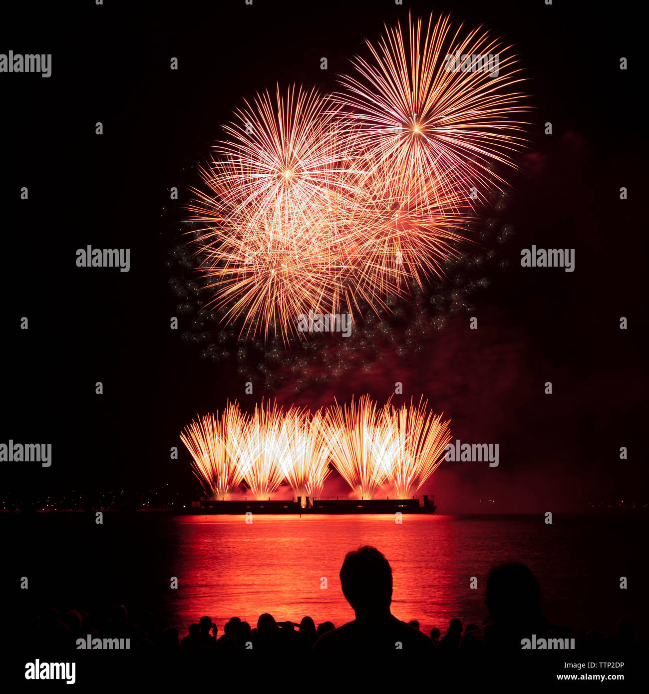 Silhouette people watching firework display over sea against sky at night Stock Photo