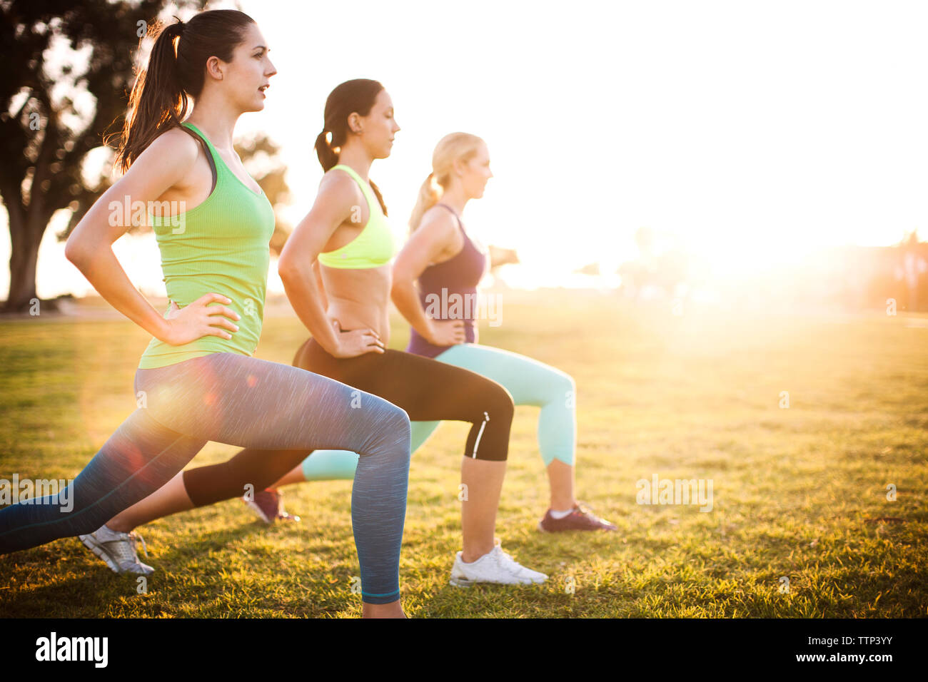 Women exercising on grassy field on sunny day Stock Photo