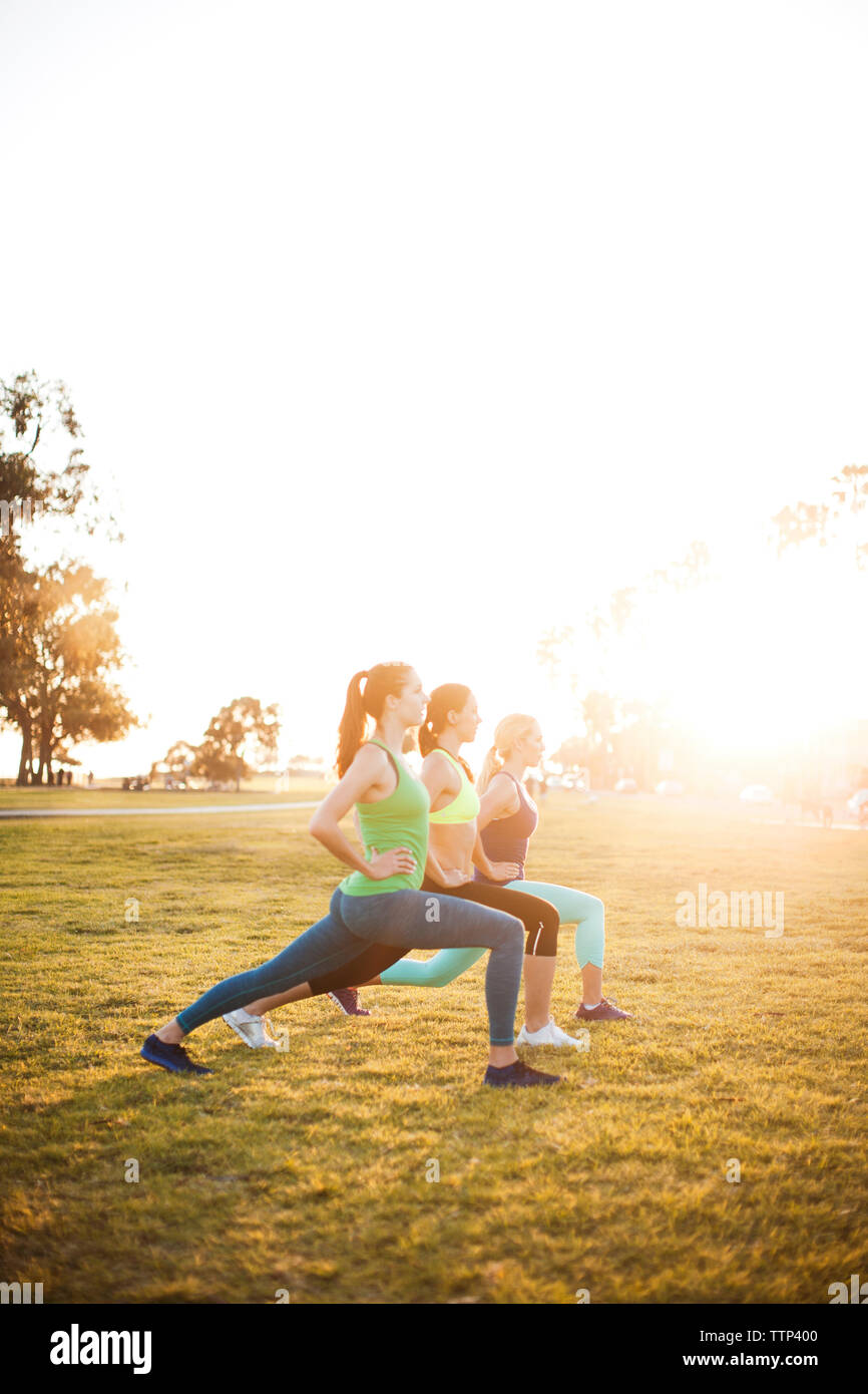 Women exercising on grassy field against clear sky Stock Photo
