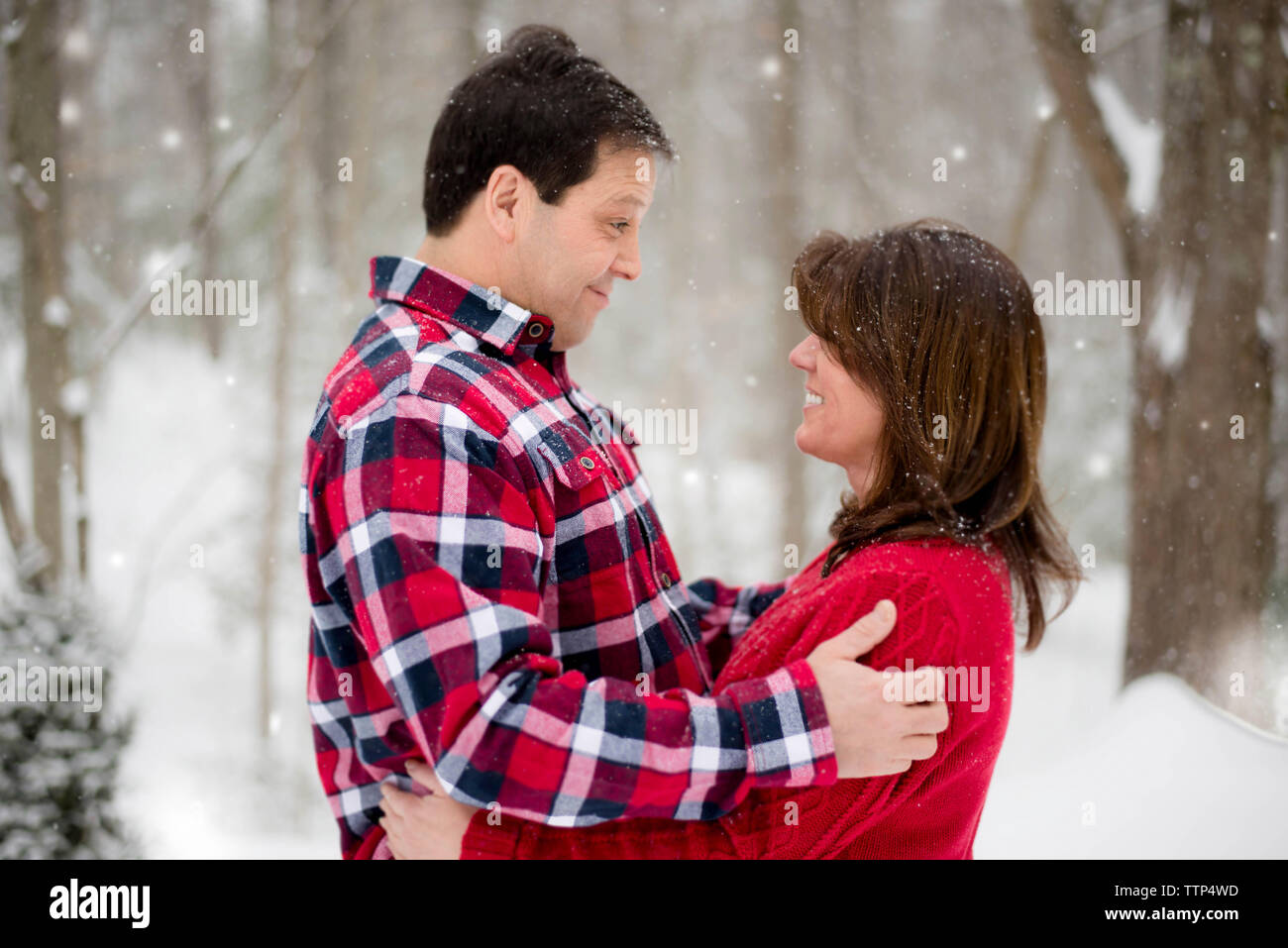 Smiling couple looking at each other while standing in forest during winter Stock Photo