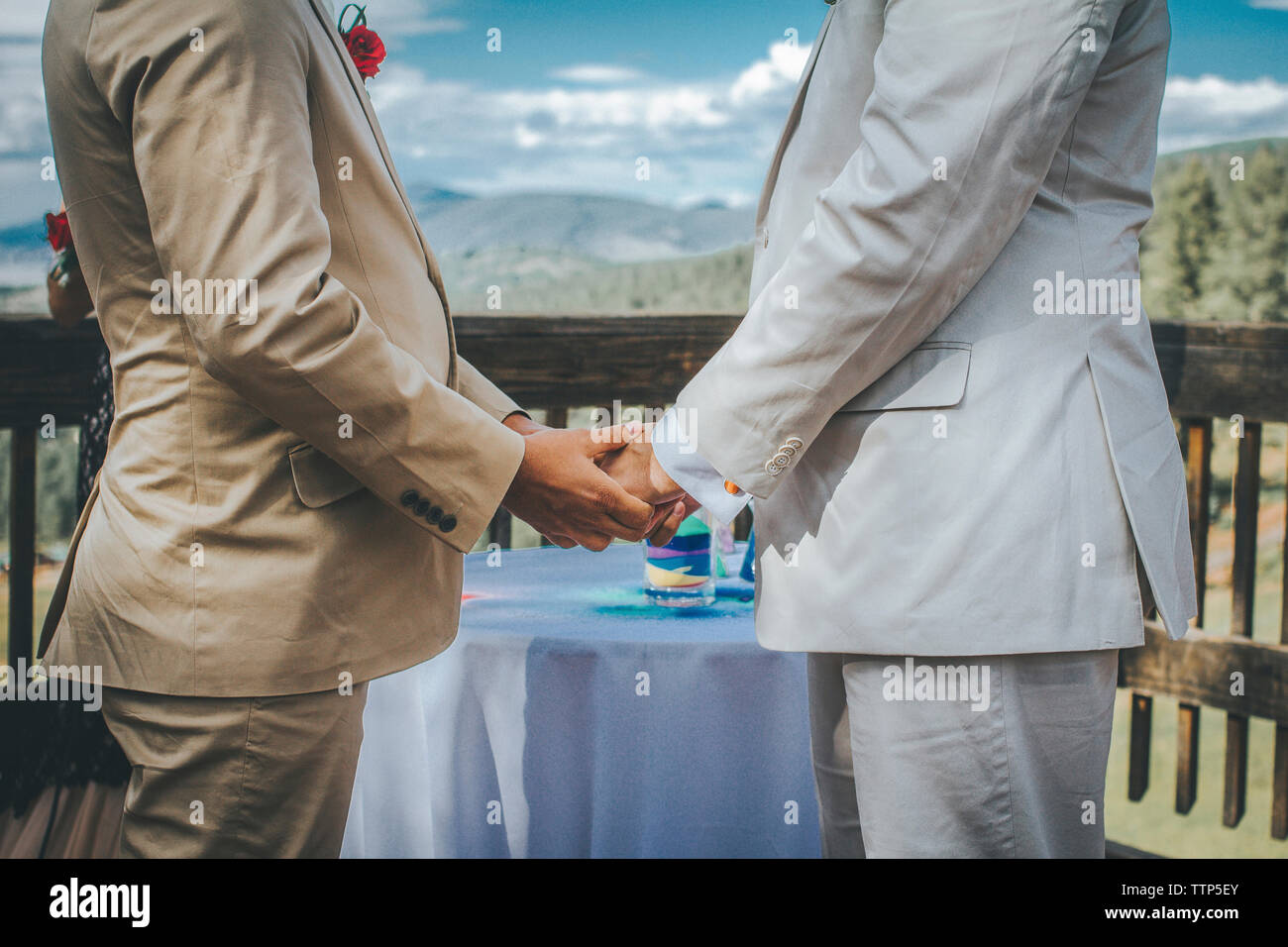 Midsection of homosexual couple holding hands while standing by table Stock Photo