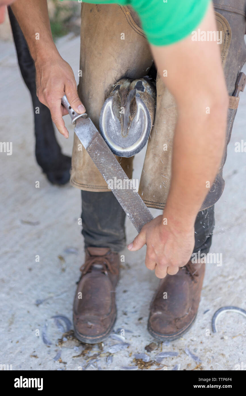 Close up of a farrier filing the hoof of a horse Stock Photo