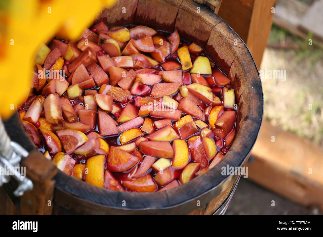 Homemade compote in wooden bucket Stock Photo