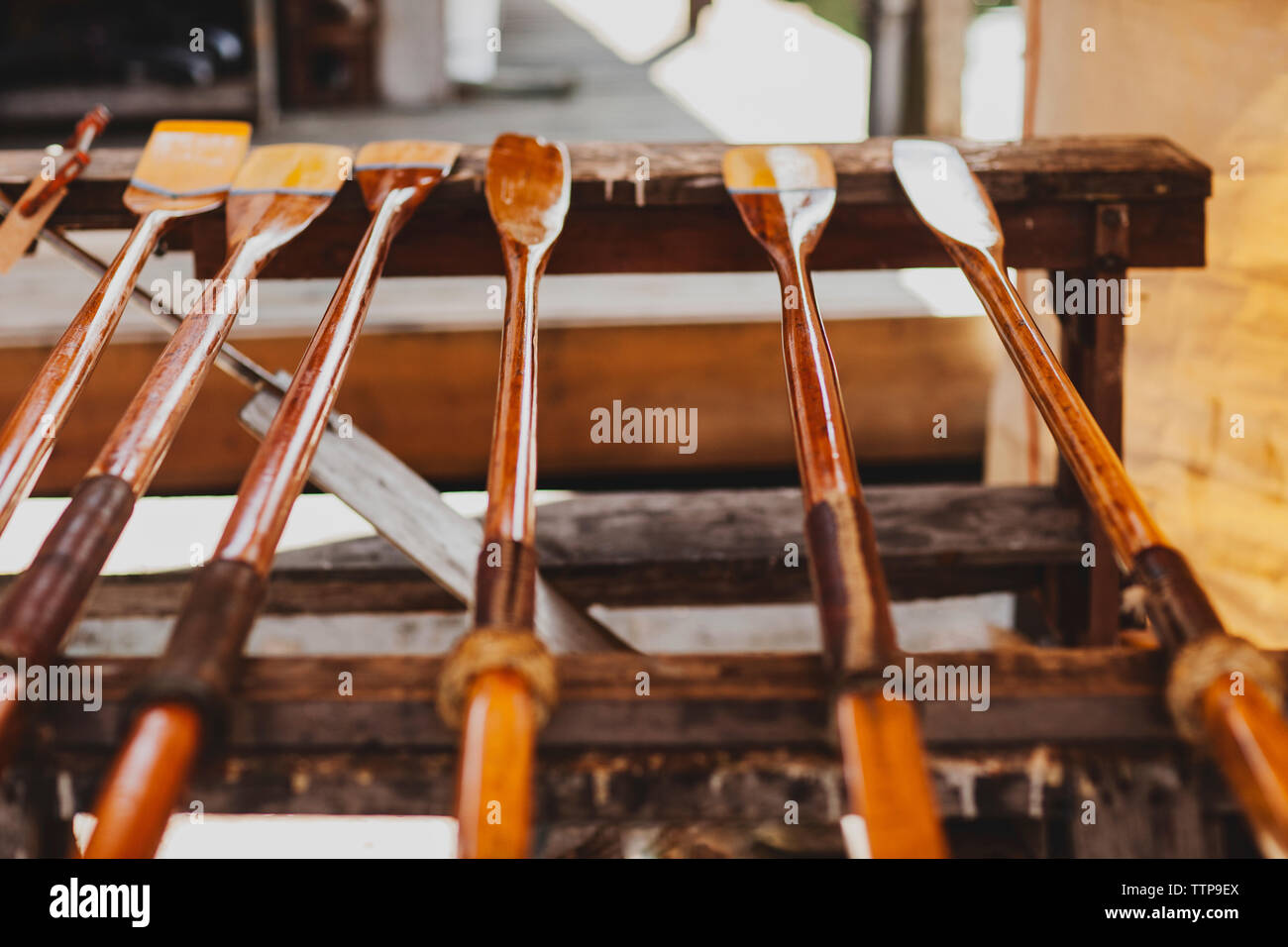 High angle view of wooden oars on structure Stock Photo