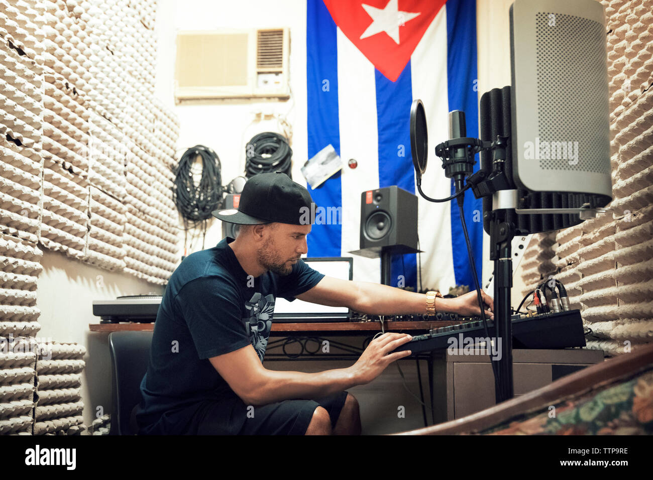 Radio jockey working studio Stock Photo Alamy