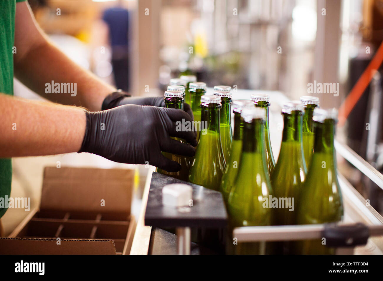 Cropped image of hands arranging beer bottles on conveyor belt at brewery Stock Photo