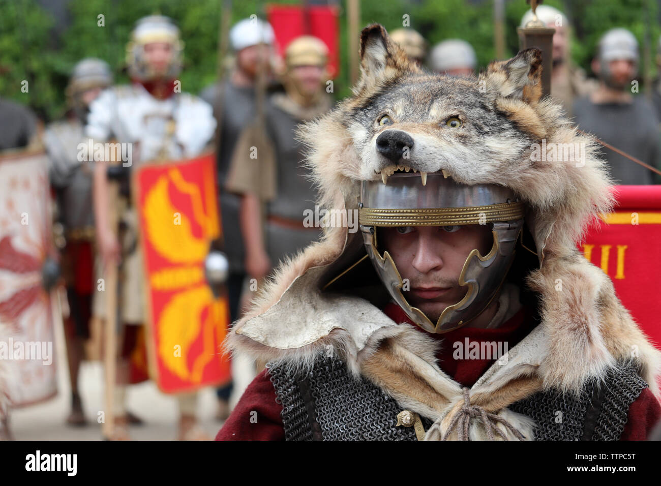 Signifer of a Roman Legion in wolf skin and legionaries in the background during historical festival Times and epochs. Reconstruction of Ancient Rome Stock Photo