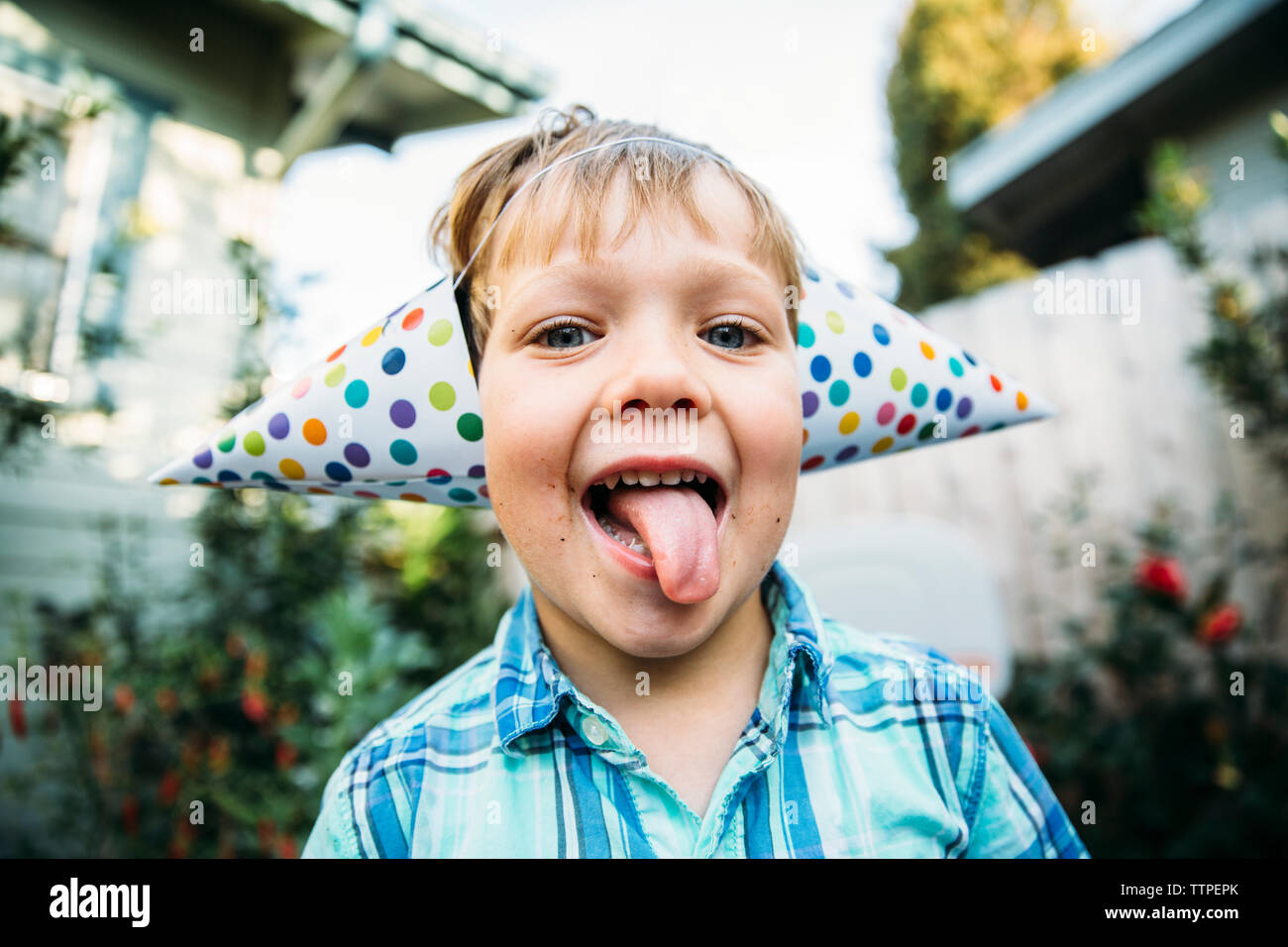 Portrait of happy boy in party hats sticking out tongue while standing at backyard Stock Photo