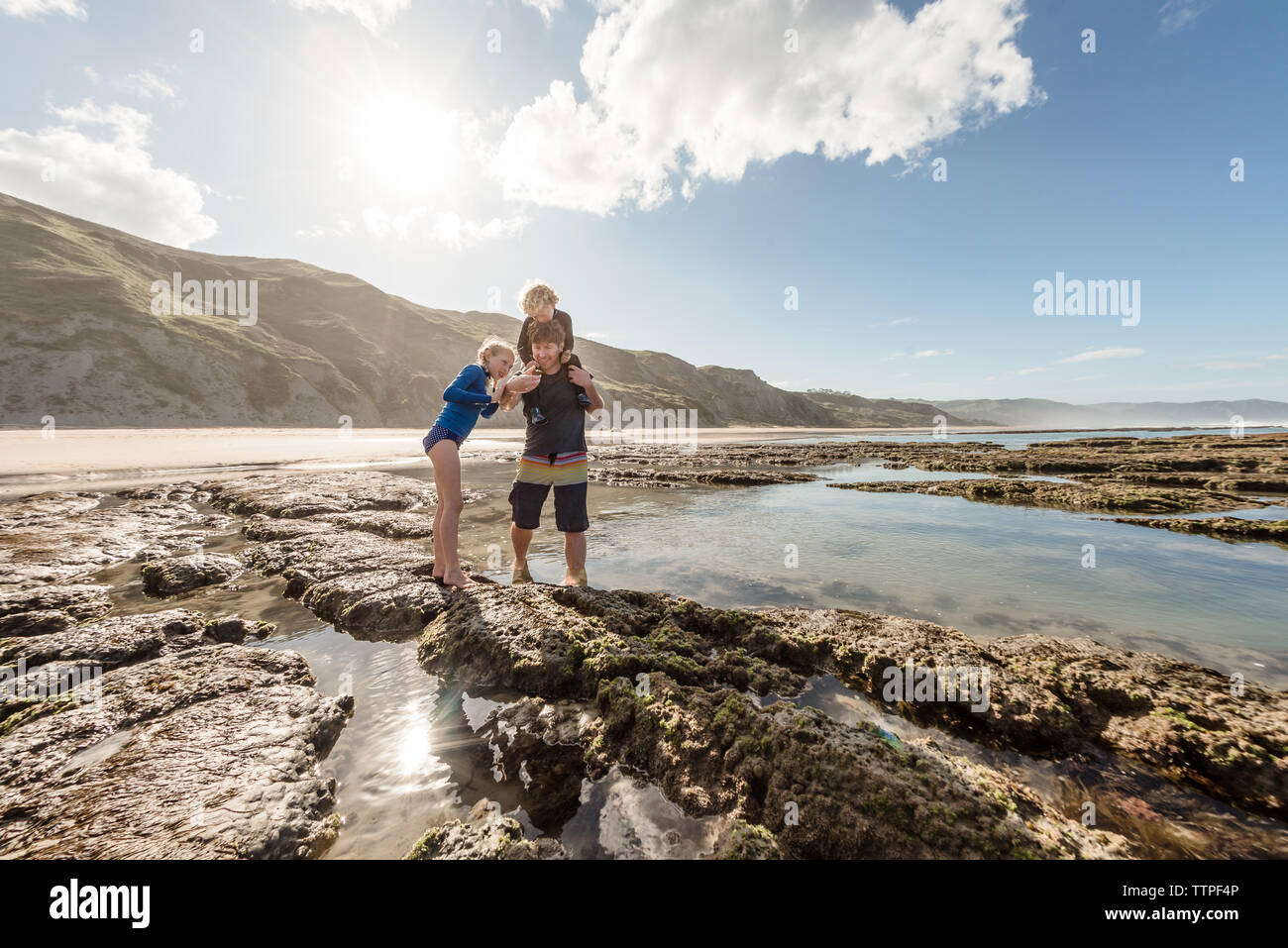 Father showing a sea animal to two children at tidal pools Stock Photo