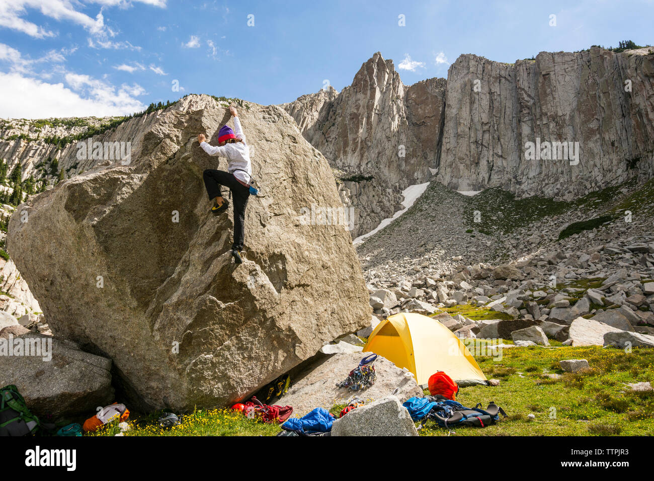 Jack Tescher bouldering in the Lone Peak Cirque, Lone Peak Wilderness