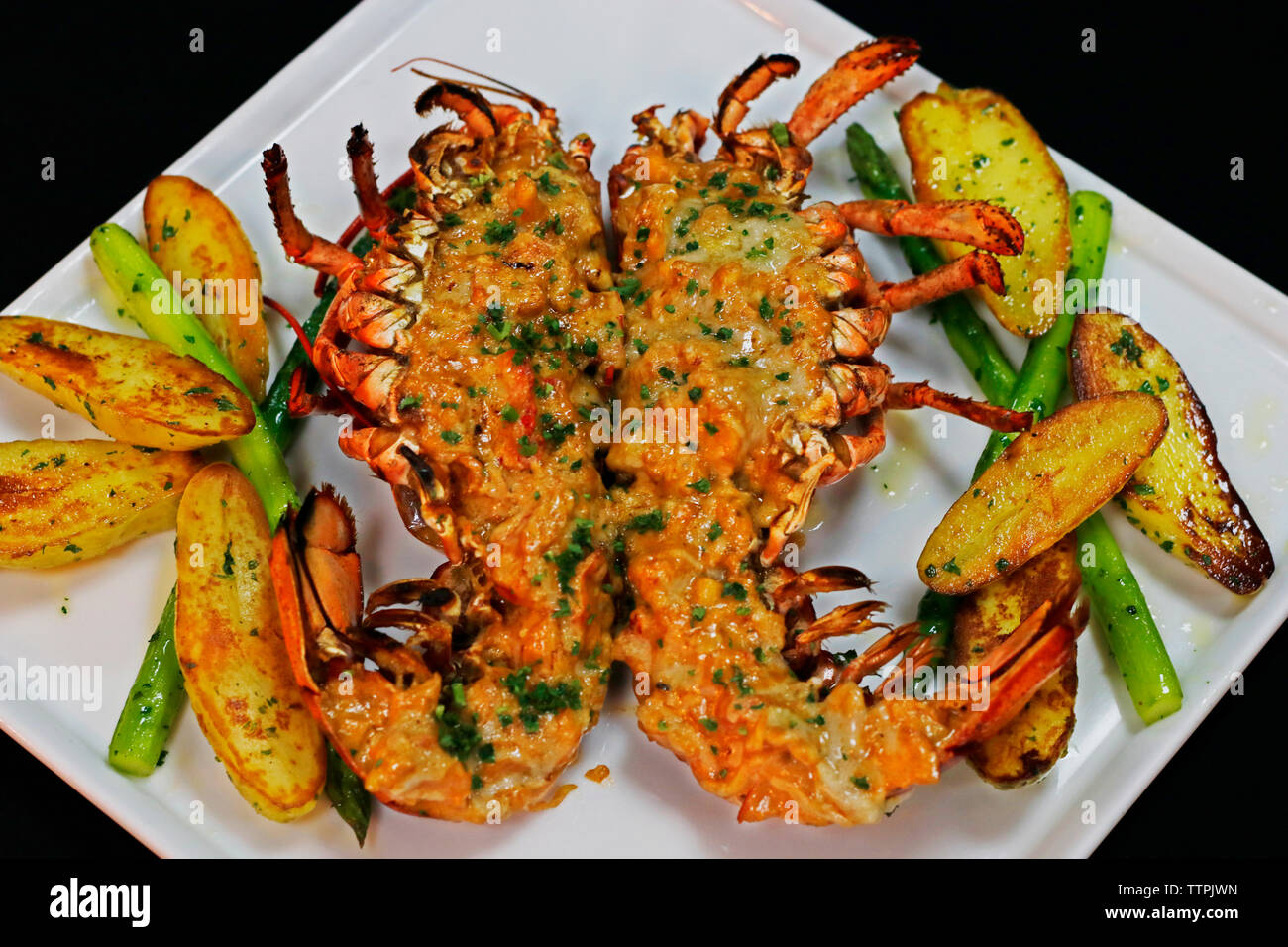 Canadian Maine lobster thermidor with black background Stock Photo