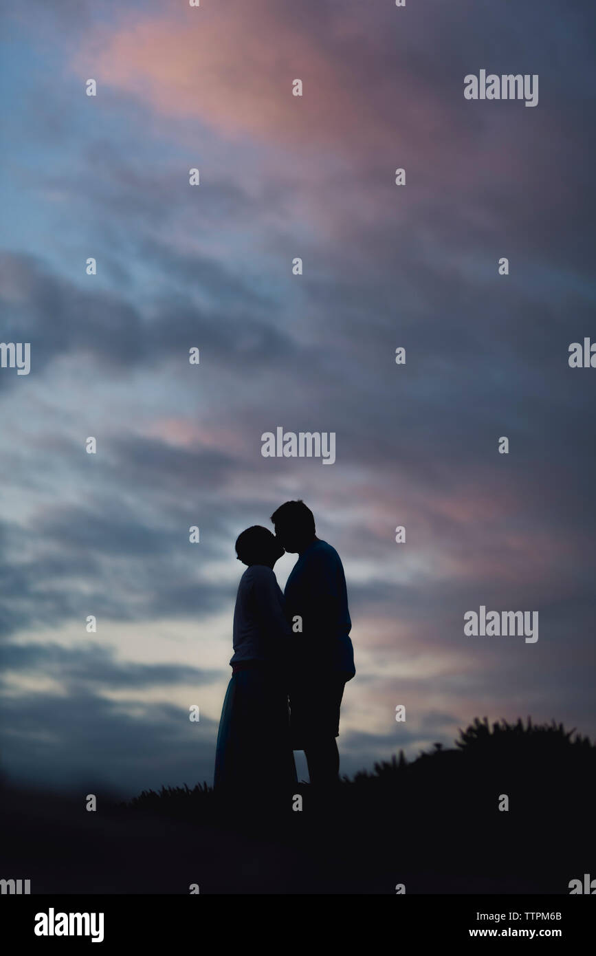 Silhouette of couple kissing at sunset hi-res stock photography and ...
