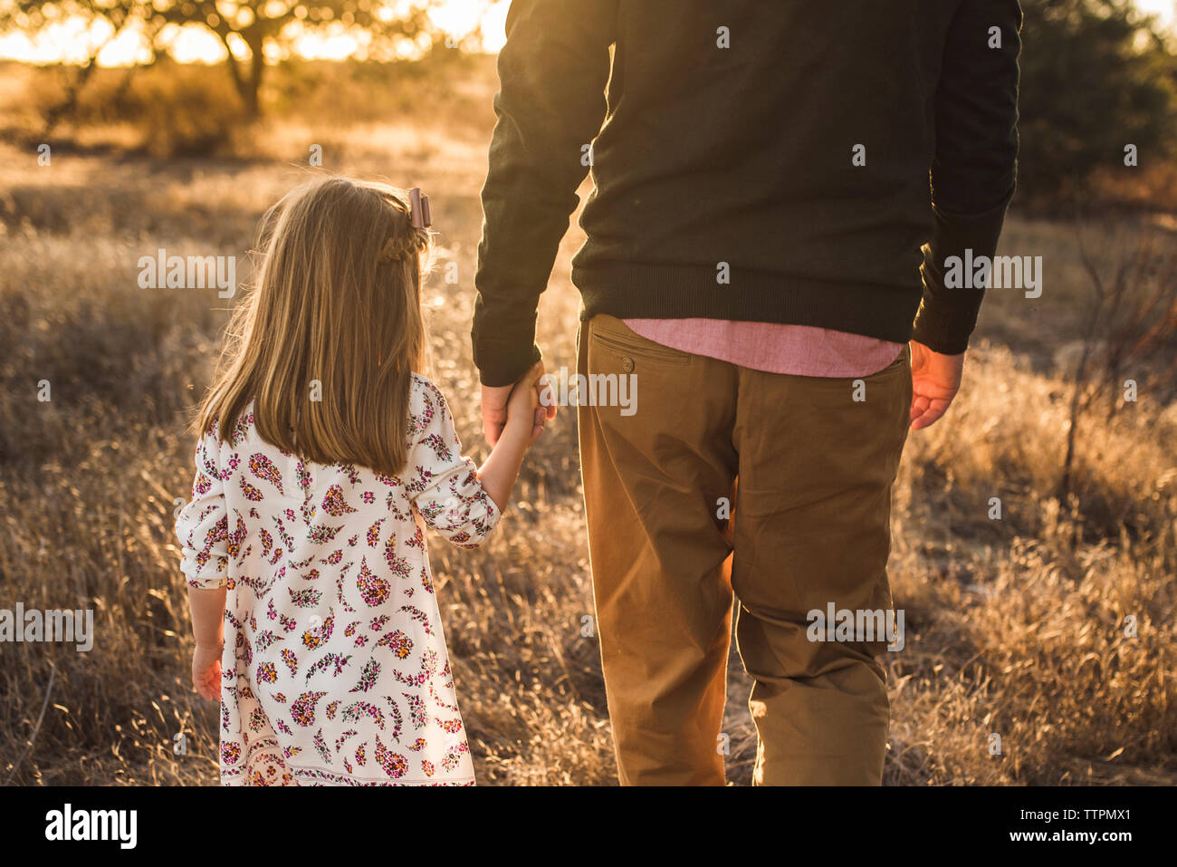 Father and daughter walking holding hands in California field Stock ...