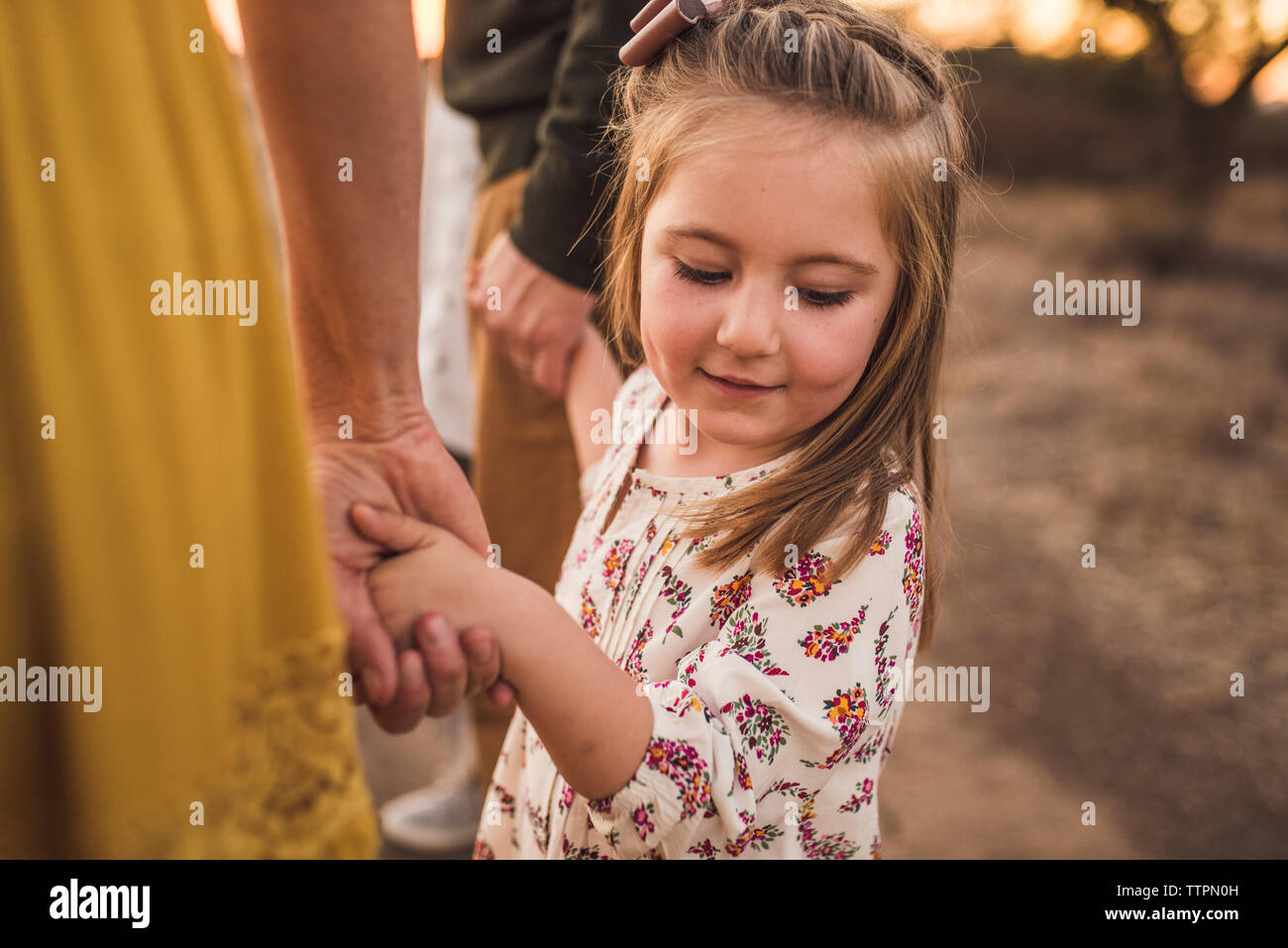 Young girl holding parents hands looking down in California field Stock Photo