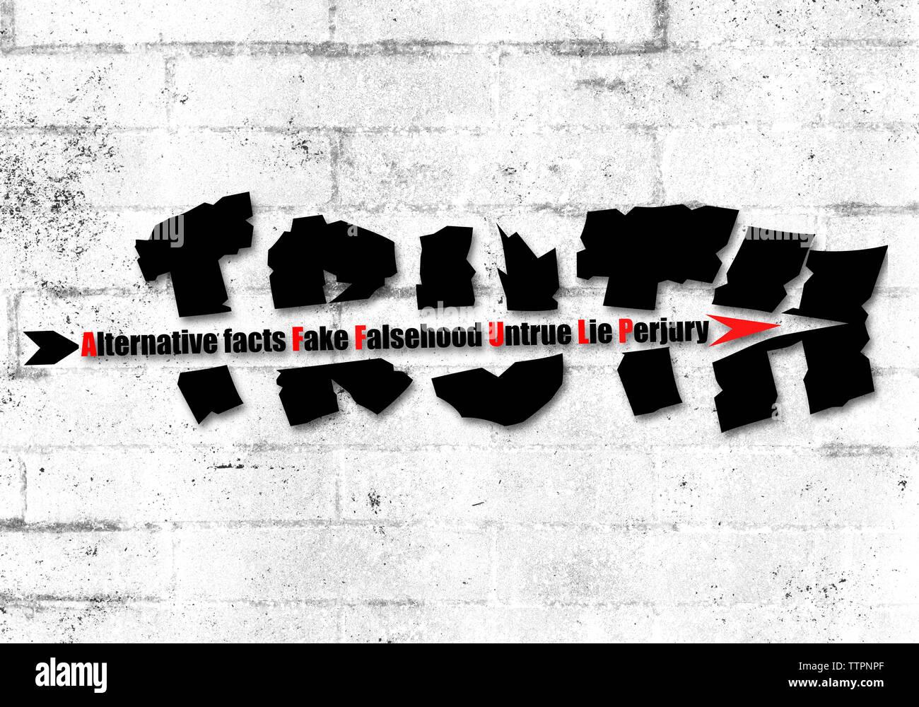 Concept illustration an arrow of Alternative facts, Fake, Falsehood, untrue, lie and perjury shattering Truth text paint old wall background Stock Photo
